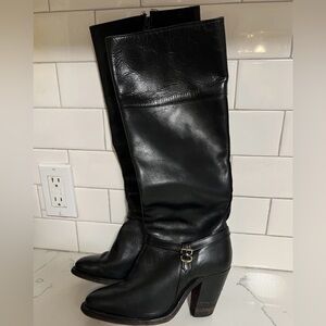 Vintage-Womens-Frye Boot Black Leather Size 6 Black Leather Tall Buckle-3” Heel